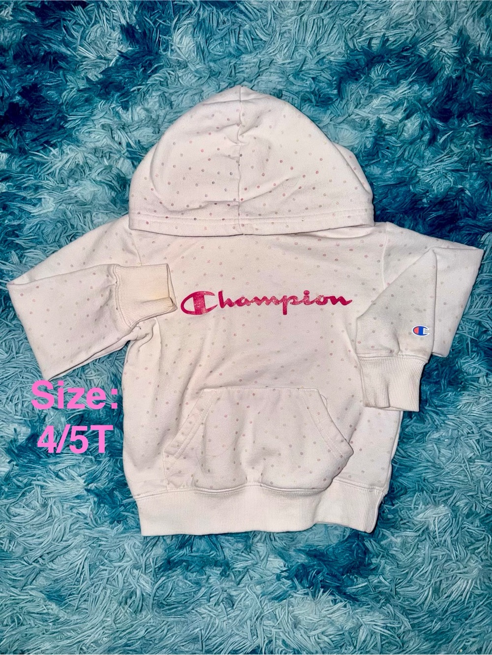 Champion White Kids Hoodie with Pink Script Logo and Polka Dots